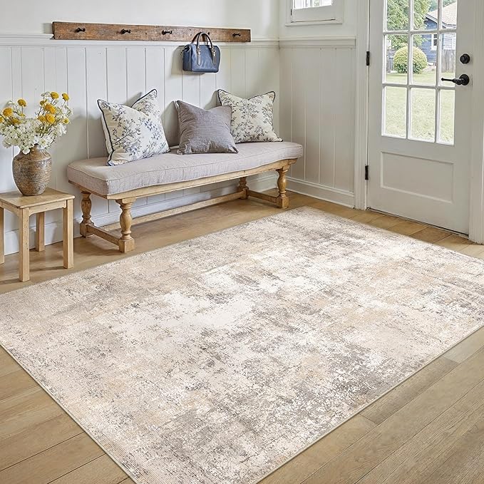 4x6 Washable Area Rug Beige Grey Abstract Entryway Office Throw Rug Neutral Modern Non Slip Soft Low Pile Indoor Carpet for Living Room Bedroom Kitchen Entrance