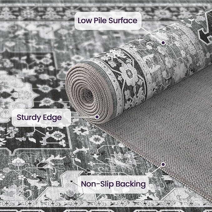 DEXI 9x12 Area Rug for Living Room, Washable Vintage Farmhouse Thin Rug Indoor Floor, Non Slip Stain Resistant Low Pile Carpet for Dining Room Bedroom Office, White Grey