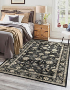 Washable Area Rug 4x6 - Traditional Floral Living Room Rug Soft Boho Bedroom Rug Ultra-Thin Charcoal Black Vintage Farmhouse Dining Room Rugs for Under Table Indoor Carpet for Living Room