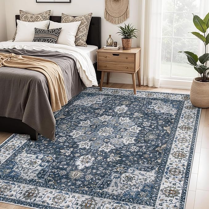 Area Rug 5x7 Washable Rug, Vintage Boho Medallion Rugs Non-Slip Soft Low Pile Large Distressed Rug Indoor Retro Carpet for Living Room Bedroom Dining Room Home Office (Vintage Blue, 5'x7')