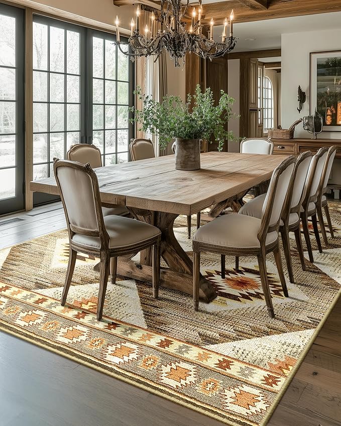 Area Rug 5x8 Rug Machine Washable Non-Slip Low Pile Print Pattern Western Rug for Living Room Bedroom Entryway Tribal Series-Cream/Camel