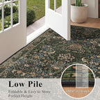 3x5 Floral Washable Area Rug for Living Room, Vintage Boho Rugs for Bedroom Dining Room, Botanical Birds Non Slip Low Pile Forest Throw Carpet for Farmhouse Office, Retro Gold/Green