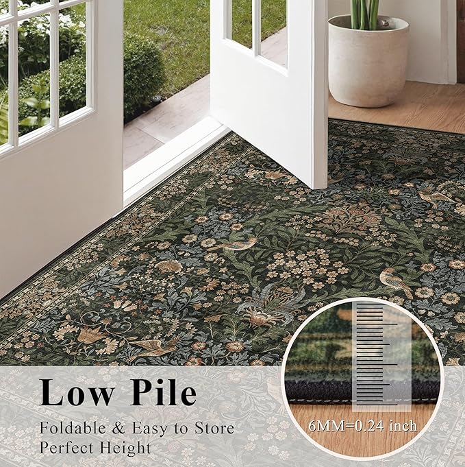 6x9 Floral Washable Area Rug for Living Room, Vintage Boho Rugs for Bedroom Dining Room, Botanical Birds Non Slip Low Pile Forest Throw Carpet for Farmhouse Office, Retro Gold/Green