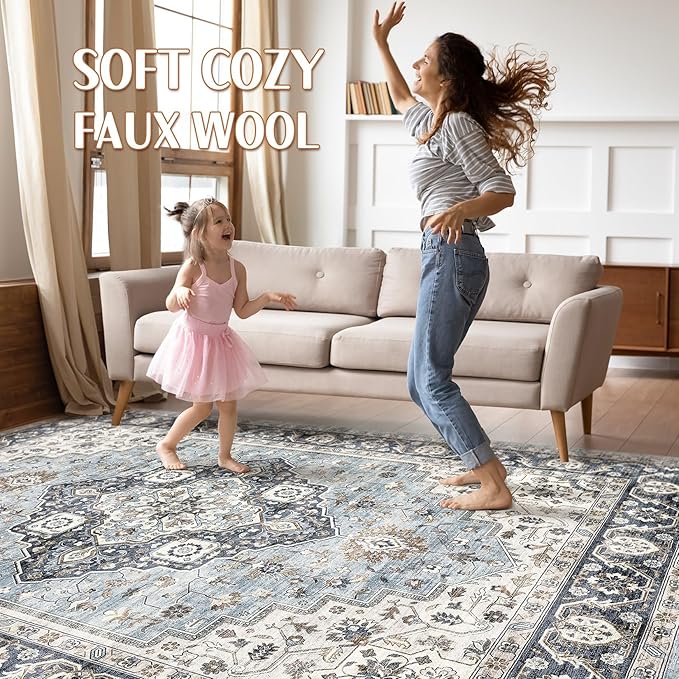 8x10 Area Rugs Living Room: Washable Boho Large Neutral Vintage Soft Rug Stain Resistant Farmhouse Non-Slip Indoor Floor Carpet for Bedroom Nursery Kids Office Dining Room Home House- Blue Tan