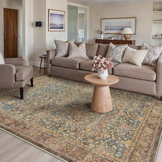 Area Rug 5x7 Living Room Washable Vintage Carpet Non Slip Indoor Retro Traditional Accent Throw Large Rug Brick Red for Office Kitchen Bedroom Dining Room