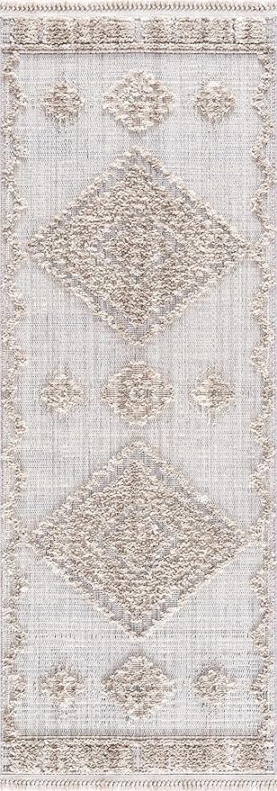 Hauteloom Ampusungan Modern Moroccan Medallion Farmhouse Living Room, Bedroom Area Rug - High Low - High Pile Carpet - Cream, Beige, Brown, Beige - 6'7" x 9'