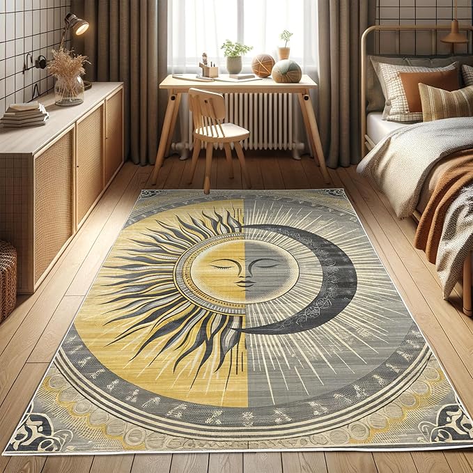 Ambesonne Sun and Moon Decorative Rug, Celestial Esotery Lunar and Solar Characters with Leafy Details Modern, Quality Carpet for Bedroom Dorm and Living Room, 4' X 5' 5", Mustard Purpleblue