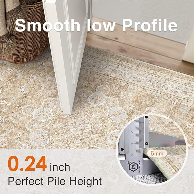 HUGEAR Machine Washable Area Rugs 6x9 Vintage Beige Brown Living Room Bedroom Rug Neutral Style Non Slip Stain Resistant Low Pile Throw Carpet for Home Retro Aesthetic Modern Decor