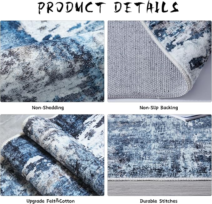 Rugcomf 4x6 Rug Washable Boho Soft Area Rug Abstract Pattern Non-Slip Faux Wool Vintage Rug for Living Room, Bedroom Rug, Farmhouse, Dining Room, Indoor, Kids Playroom, Blue