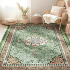 Luxury 8' x 10' Green Washable Area Rugs, Boho Low Pile Easy Clean Non-Slip Rug, Floral Medallion Pattern Vintage Rugs for Living Room, Dinning Room, Office, Bedroom, Bathroom, Laundry Room, Farmhouse