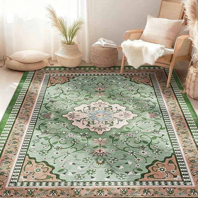 Luxury 5' x 7' Green Washable Area Rugs, Boho Low Pile Easy Clean Non-Slip Rug, Floral Medallion Pattern Vintage Rugs for Living Room, Dinning Room, Office, Bedroom, Bathroom, Laundry Room, Farmhouse