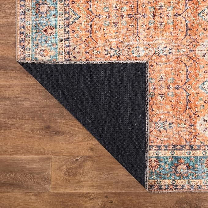 Bloom Rugs Washable Non-Slip 10x14 Rug - Orange/Teal Blue Traditional Bordered Area Rug for Living Room, Bedroom, Dining Room, and Kitchen - Exact Size: 10' x 14'