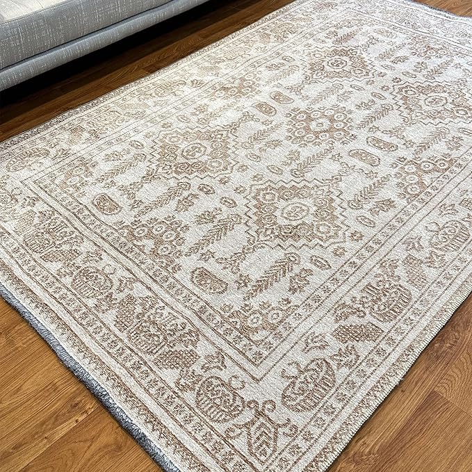 Alfa Rich 5x8 Beige Off White Washable Area Rugs for Living Room Bedroom Kitchen Dining Cotton Rug