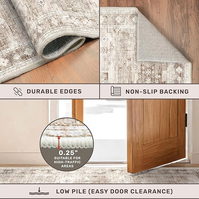 Washable Neutral Farmhouse Bedroom Rug, 5x7 Area Rugs for Living Room, Nursery Room, Boho Vintage Floral Non-Slip Rug Low Pile Stain Resistant (5x7 Beige/Latte)