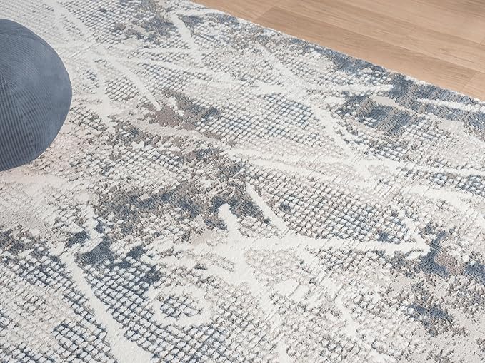 Adel Modern Area Rug for Living Room, 8x10 Rustic Distressed Abstract Large Blue Rug, Medium Pile Stain Resistant Carpet for Bedroom, Dining Room or Kitchen (8' x 10', Blue)