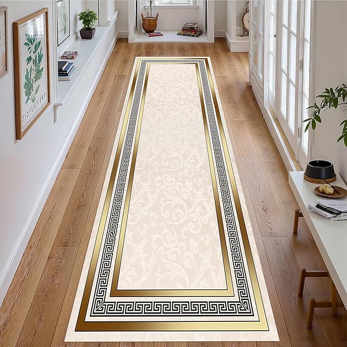 Classic Bohemian Hallway Rugs, 3.3x7ft, Western Retro Greek Key Beige Fade Resistant Hall Rug, Washable Kitchen Low-Pile Floor Carpet Runners for Bathroom Laundry