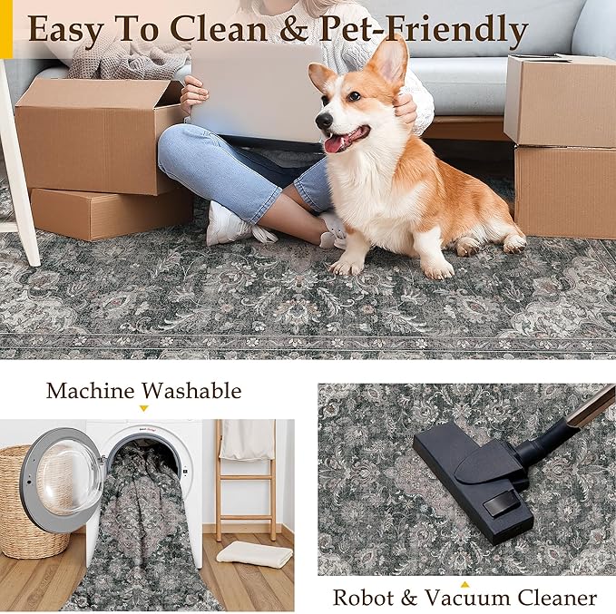 HUGEAR 2x6 Runner Rug Hallway Machine Washable Retro Black Vintage Floral Low Pile Carpet Distressed Long Throw Rug Bedroom Office Bathroom Kitchen Laundry Non Slip Soft Lightweight