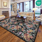 8x10 Machine Washable Area Rug for Living Room, Black Vintage Boho Floral Rug Large Non-Slip Low Pile Soft Faux Wool Carpet, Kids and Pets Friendly for Bedroom Dining Room Farmhouse Home Decor Rug