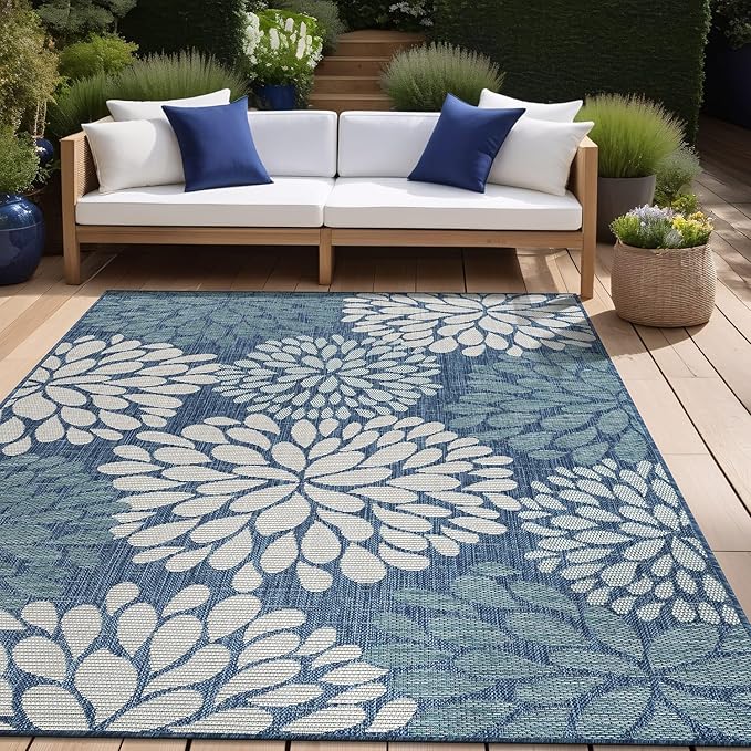 Beverly Rug Outdoor Rug 5x7 Modern Exotic Tropical Leaf Area Rugs for Indoor and Outdoor Patio Deck Porch Garden Water Resistant Washable Outside Carpet (5 x 7 Blue)
