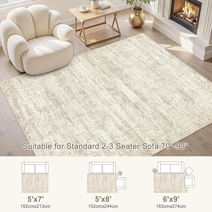 5x7 Area Rug Living Room Rugs - Washable Neutral Modern Abstract Soft Thin Rug Indoor Floor No Slip Rug Carpet for Bedroom Under Dining Table Home Office Decor - Beige/Brown