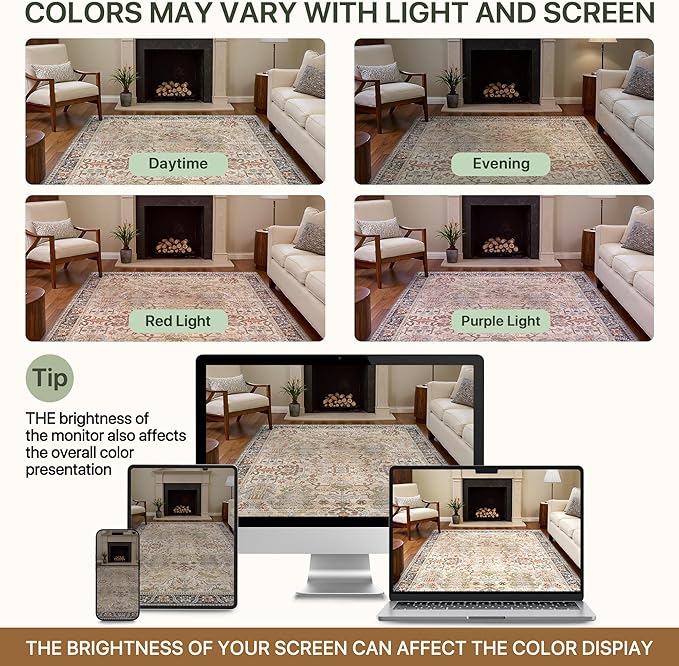 Bavni Area Rugs 8x10 Clearance, Rugs for Living Room, Machine Washable Rug Lightweight Low Pile, Chenille Non Slip Rug Boho Print Decorative Carpet for Bedroom Dinning Room, Ivory/Teal