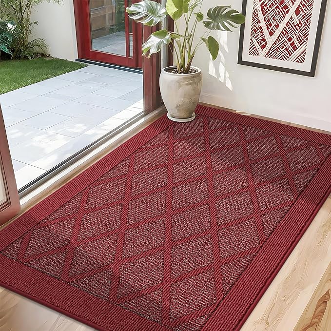COSY HOMEER Non-Slip Door Mat 32"x48", Entryway Rugs Low Profile Absorbent Dirt Trapper Doormat for Front Entrance, Washable Polypropylene Entry Mat (Red)