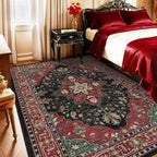 Area Rugs 9'x12' Washable Non-Slip, Floral Vintage Distress Print Pattern Medallion Carpet for Living Room Bedroom Dining Room, Red Black