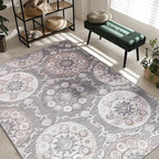 CAMILSON Indoor Outdoor Rug 5x7 Bohemian Medallion Floral Area Rugs for Indoor and Outdoor Patios Easy-Cleaning Non-Shedding Living Room Garden and Kitchen Washable Outside Carpet (5 x 7 / Beige)