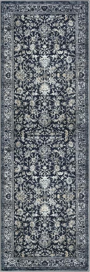 KILOCOCO Hallway Runner 2x8 Rug Runner Printed Vintage Floral Washable Kitchen Runners Non-slip Rubber Backed Runners for Hallways Laundry Room Distressed Boho Rugs for Entryway Bedroom, Navy/Charcoal