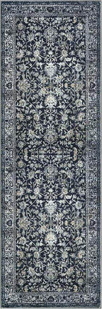 KILOCOCO Hallway Runner 2x8 Rug Runner Printed Vintage Floral Washable Kitchen Runners Non-slip Rubber Backed Runners for Hallways Laundry Room Distressed Boho Rugs for Entryway Bedroom, Navy/Charcoal