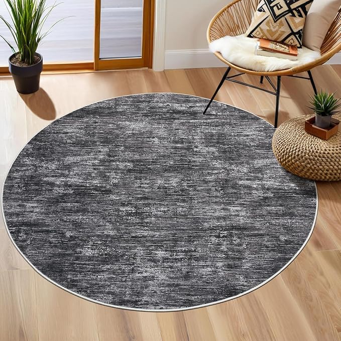 RUGSREAL 3x3 Round Area Rug Small Washable Circle Rug Non Slip Stain Resistant Entry Mat Modern Solid Color Round Living Room Carpet Low Pile Soft Bedroom Mat Neutral Rug for Bedside Nursery, Grey