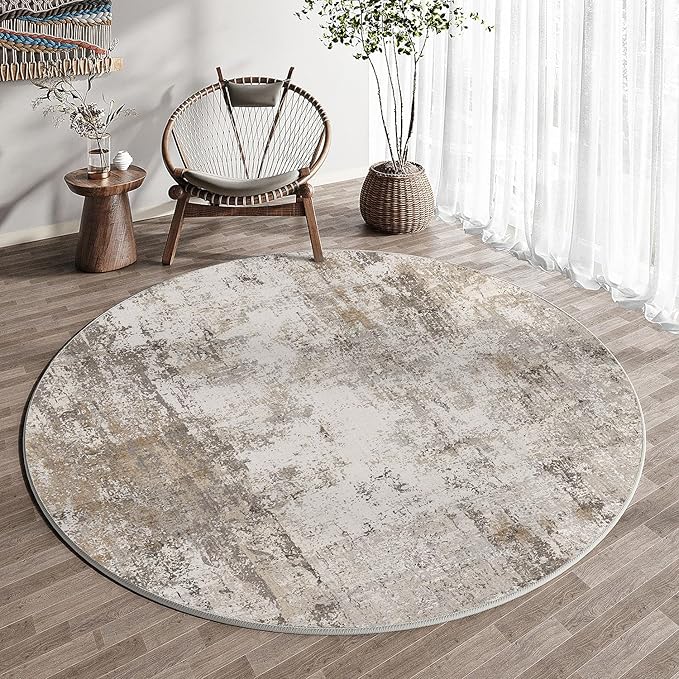 6x6 Washable Round Rug Brown Grey Abstract Living Room Bedroom Area Rug Neutral Modern Non Slip Soft Low Pile Indoor Carpet for Dining Room Office Entryway