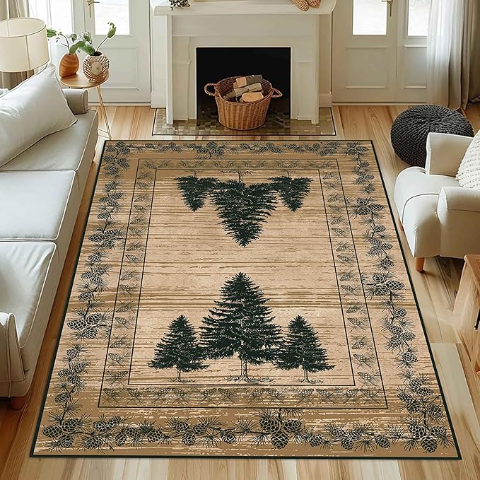 UNREASTO Country Cabin Area Rug 3x5ft Rustic Nature Forest Pine Cone Pine Tree Plant Vintage Home Decor Floor Rug Non-Slip Easy Clean Lodge Rug for Living Room Bedroom Entry Office Hardwood Floor