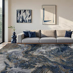 Washable Rug for Living Room: Abstract 8x10 Area Rugs for Bedroom Dining Room Low Pile Non-Slip - Stain Resistant Large Carpet Indoor - Modern Marble Blue Gold