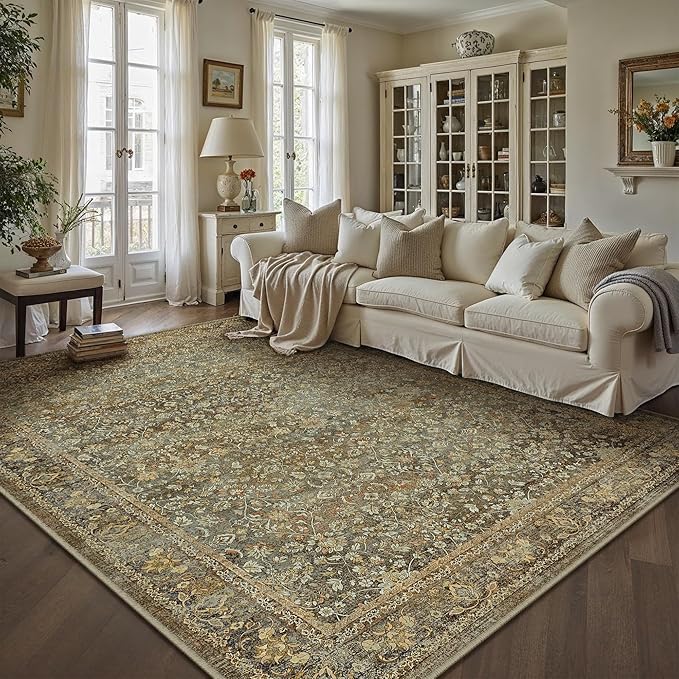 Area Rug 6x9 Brown Living Room Washable Vintage Carpet Non Slip Indoor Retro Traditional Accent Throw Large Rug for Office Bedroom Dining Room Playroom