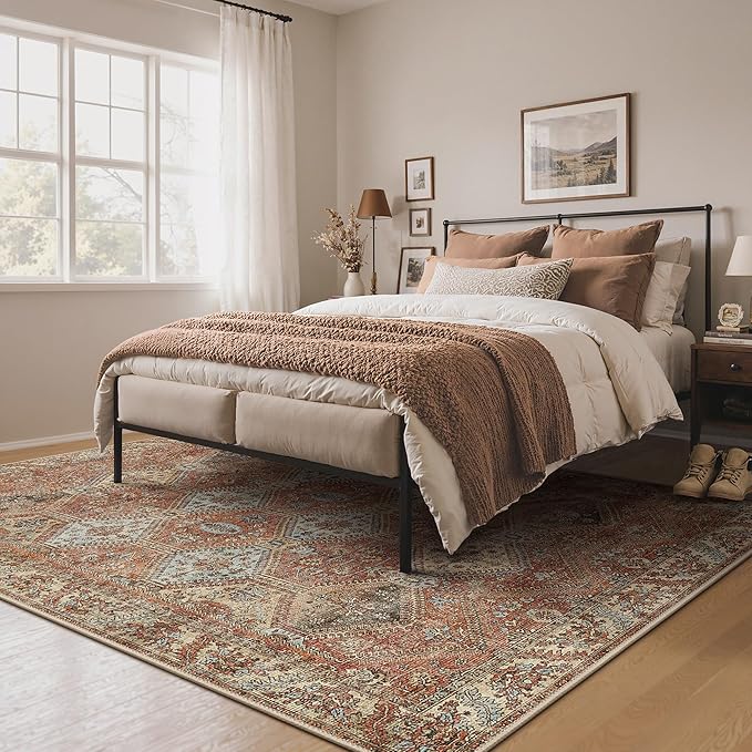 Bavni Clearance 6x9 Area Rugs for Living Room, Machine Washable Rug Non Slip, Vintage Chenille Distressed Print Carpet, Large Low Pile Ultra-Thin Lightweight Rugs for Bedroom, Dining Room, Spice Sky