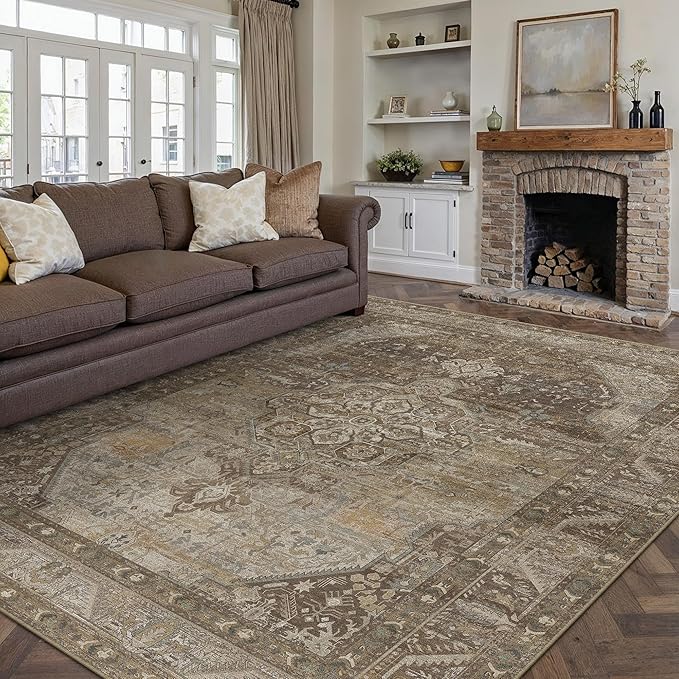 9x12 Brown Washable Vintage Area Rug for Living Room Bedroom Non Slip Distressed Traditional Soft Large Throw Rug Low Pile Lightweight Floral Carpet Classroom Office Home Decor