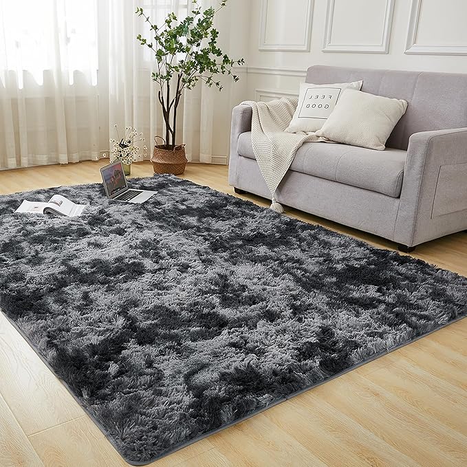 Andency 8x10 Area Rugs for Living Room, Upgrade Non-Slip Fluffy Soft Large Shag Bedroom Carpet, Tie-Dyed Dark Grey Big Indoor Thick Nursery Rug for Kids Dorm Home Decor Aesthetic