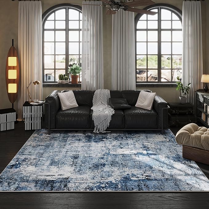Rugcomf 6x9 Washable Bedroom Boho Rug - Soft, Non-Slip, Non-Shedding Faux Wool Vintage Pattern for Living Room, Farmhouse, Dining Room, Kids Playroom - Blue