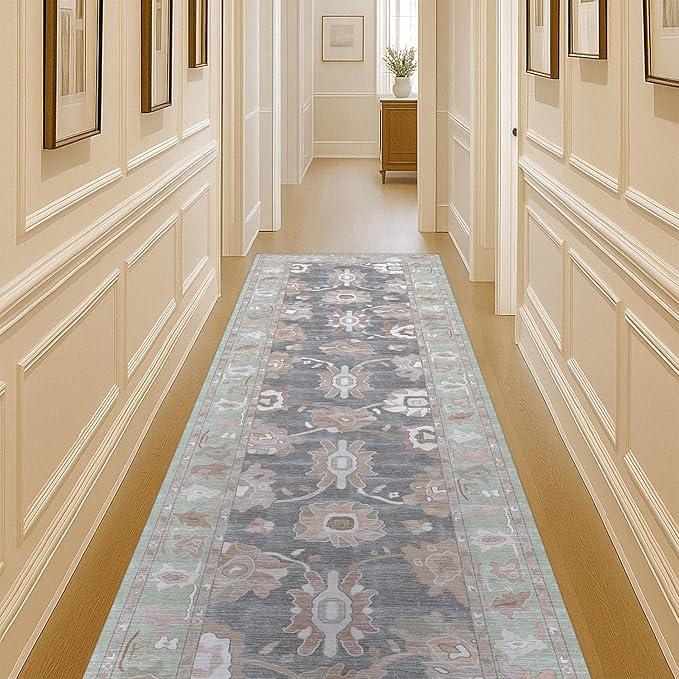 Fame Living Green Oushak Runner Rug, Modern Runners, Turkish, Eclectic, Floral, Pastel, Washable, Small Throw Rugs, Short Runner for Hallway, Laundry, Foyer, Bedroom, Kitchen, Bathroom, 2'5"x6'5"