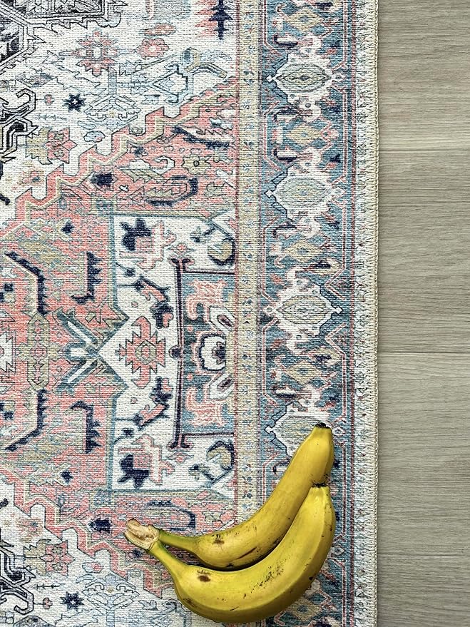 Fame Living Faded Oushak Rug, Turkish Vintage Floral Pastel Large Oversized Area Rugs for Living Room Dining Bedroom Kitchen Bathroom Nursery (848CrNv, 2' x 3')