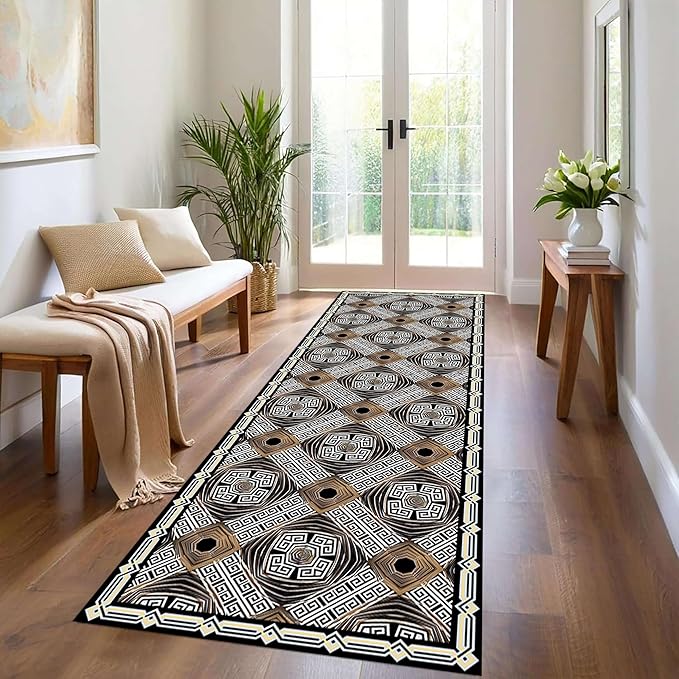 Classic Geometric Runner Rug, 1.3x7ft, Greek Key Print Runners Rugs, Vintage Moroccan Checkered Carpet, Cozy Short Pile No Crease Farmhouse Rugs for Living Room Laundry