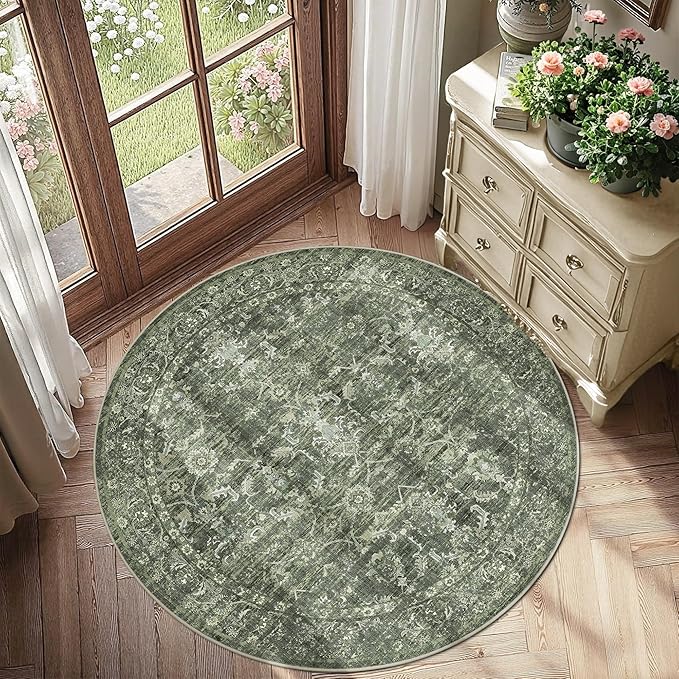 4ft Round Washable Area Rugs for Living Room, Vintage Boho Large Rug for Bedroom Dining Room Office, Distressed Floral Print Carpet for Under Table, Soft Non Slip Low Pile Throw Indoor Mat, Green