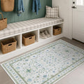 Blue and Green Washable Entryway Rugs 3x5 - Vintage Boho Floral Pastel Cream, Washable Low Pile Non Slip Small Throw Accent Area Rug for Door Mat Indoor Entrance, Kitchen, Bedroom Beside Bed Decor