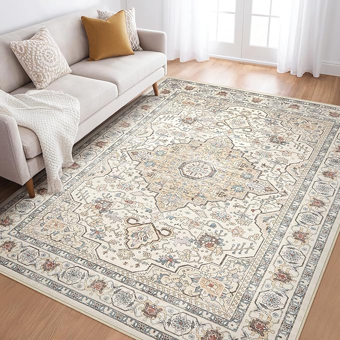 6x9 Area Rugs Living Room: Washable Boho Large Neutral Vintage Soft Rug Stain Resistant Farmhouse Non Slip Indoor Floor Carpet for Bedroom Nursery Kids Playroom Office Dining Room- Cream Blue