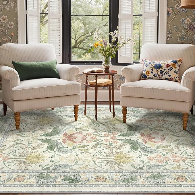 Bavni 5x7 Area Rugs for Living Room, Microfiber Machine Washable Non-Slip Vintage Floral Rug, Low Pile Lightweight Carpet for Bedroom, Dining Room, Home Office, Beige&Green