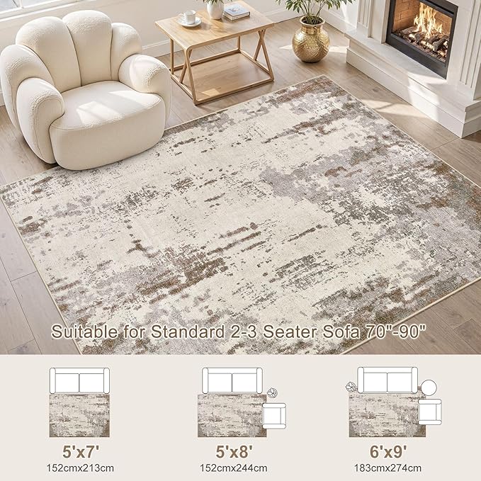 6x9 Area Rug Living Room Rugs - Washable Neutral Modern Abstract Soft Thin Rug Indoor Floor No Slip Rug Carpet for Bedroom Under Dining Table Home Office Decor - Brown/Grey/Beige