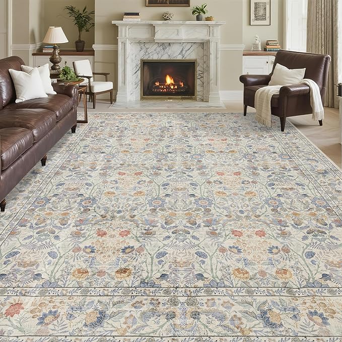 Washable Living Room Rug: 10x14 Boho Floral Soft Area Rug for Bedroom Decor - Vintage Low Pile Thin Carpet for Dining Room Non-Slip - Farmhouse Stain Resistant Rugs - Beige Blue