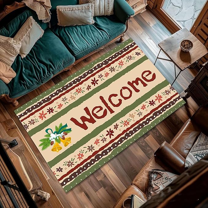 Vintage Christmas Area Rugs 5x6ft Merry Christmas Snowflakes Floral Winter Holiday Decorative Floor Mats Xmas Decorative Rugs for Living Room Bedroom Doormats Welcome Mats Non-Slip and Durable