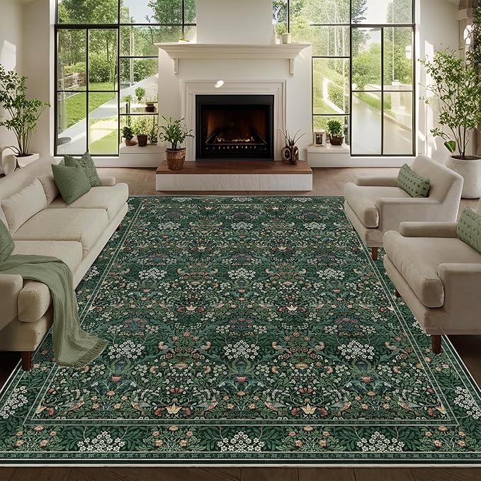 8x10 Floral Washable Area Rugs for Living Room, Vintage Boho Large Rug for Bedroom Dining Room， Distressed Botanical Birds Non Slip Low Pile Animal Throw Carpet for Farmhouse Office, Bright Green